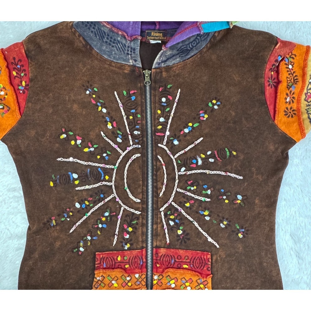 Rising International Hoodie Womens S Brown Patchwork Embroidered Boho Nepal EUC - Picture 4 of 13